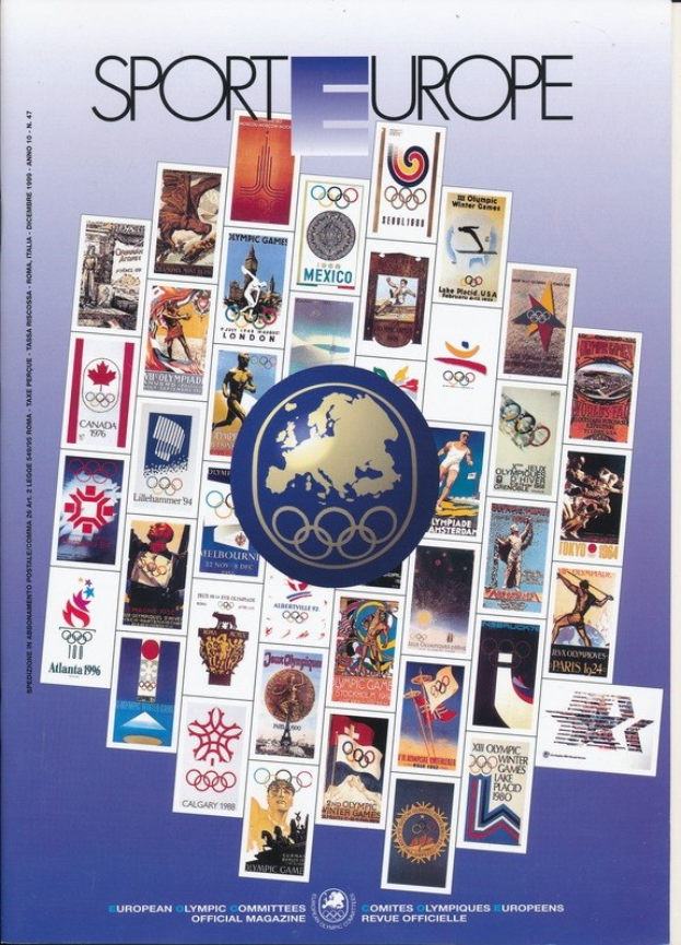 Ein Buchumschlag mit der Aufschrift "Sport in Europa" mit leuchtenden Bildern und Texten im Zusammenhang mit den Olympischen Spielen in Europa.