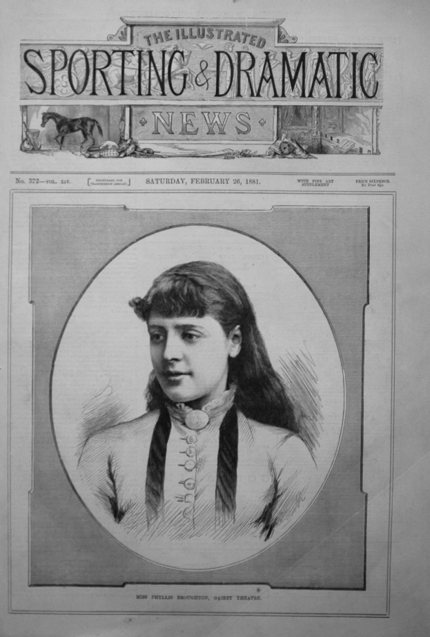Eine alte Zeitung mit einer Zeichnung einer ernsten Frau in einem weißen Kleid und einem gemusterten Schultertuch auf der Titelseite, betitelt mit "The Illustrated Sporting and Dramatic News".