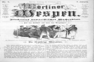 Eine alte Zeitung mit dem Titel "Berliner Wespen" vom 21. Februar 1873, die eine Gruppe von Menschen in traditioneller deutscher Kleidung zeigt.