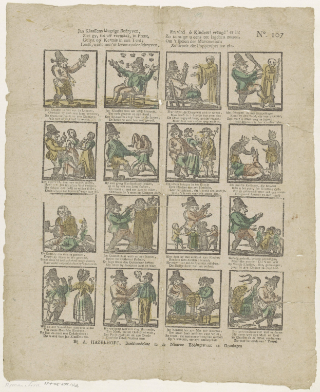 Schwarz-Weiß-Illustration eines Mannes mit Hut und einer Frau in einem Kleid, die sich streiten, umgeben von Text und anderen kleinen Bildern auf einer Buchseite.