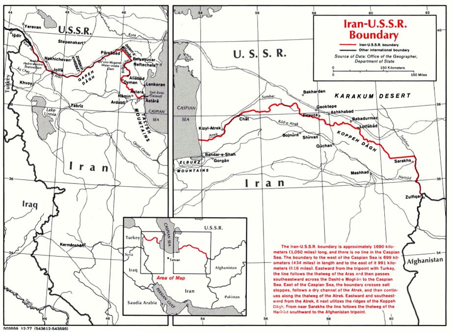 Detailierte Kartenvorlage des iranisch-sowjetischen Grenzverlaufs, die geografische Merkmale und Landesgrenzen mit erklärendem Text zeigt.