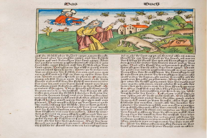 Eine Seite aus einem mittelalterlichen Manuskript aus dem 15. Jahrhundert, die eine Illustration eines Mannes und einer Frau zeigt, die in einem grasbewachsenen Feld stehen und von verschiedenen Tieren, Pflanzen, Häusern und Bienen umgeben sind.