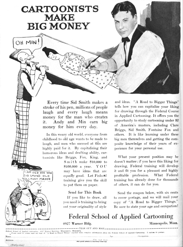 Werbung für die Bundesakademie für Angewandte Karikatur, die einen Mann im Smoking zeigt, der von einer Frau im Kleid und einem anderen Mann flankiert wird, mit dem Text "Karikaturisten verdienen viel Geld."