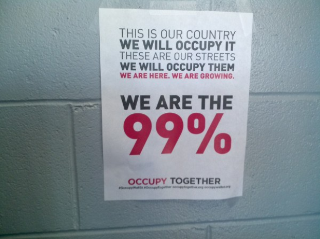 Schwarzes Plakat an einer Wand mit fetter, schwarzer Schrift, die "Occupy Wall Street" und "Wir sind die 99%." lautet.