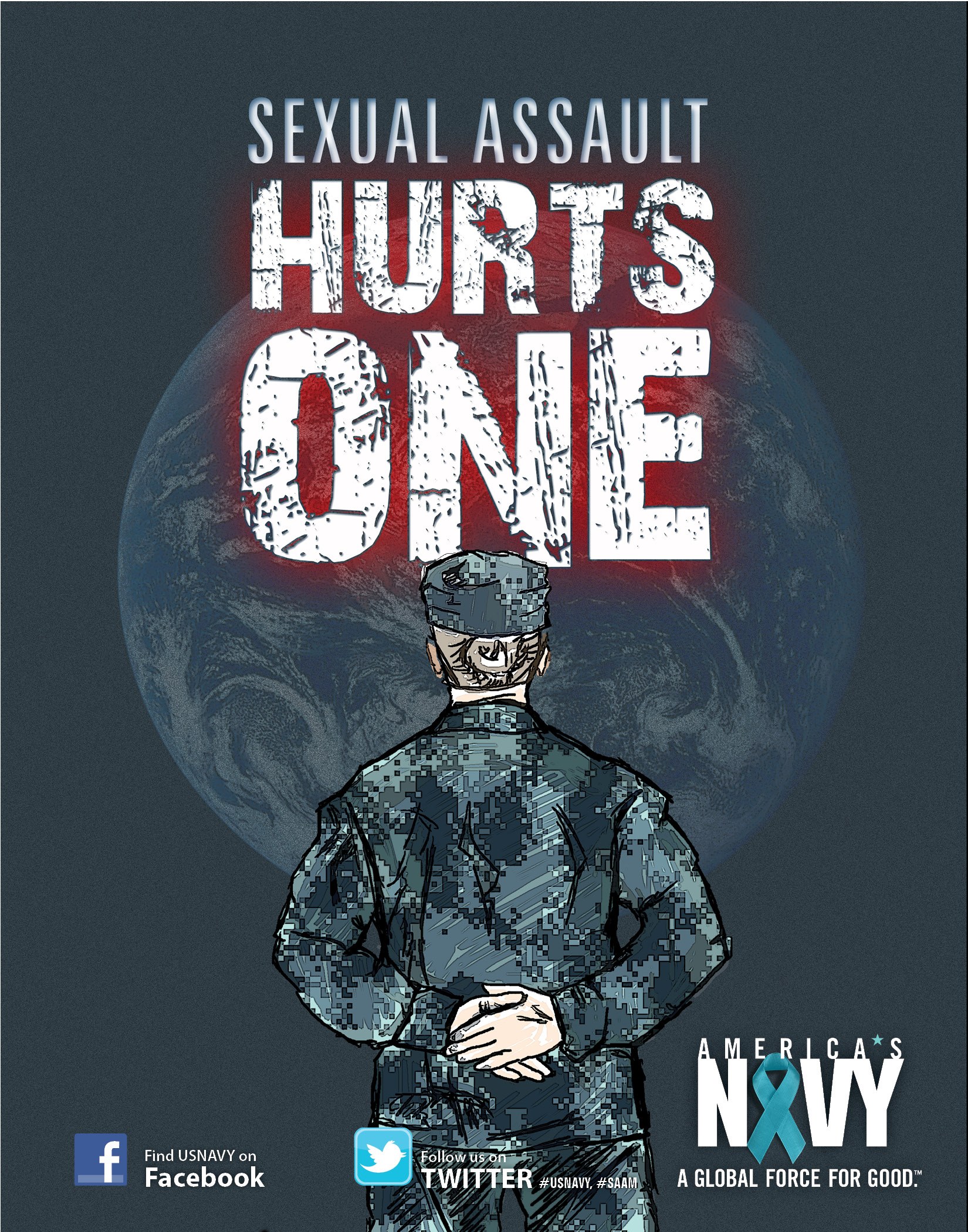 Ein Plakat mit einer Person in militärischer Uniform in der Mitte, umgeben von Logos und fetter schwarzer Schrift, die "Sexual Assault Hurts One" lautet und Stärke und Resilienz vermittelt.