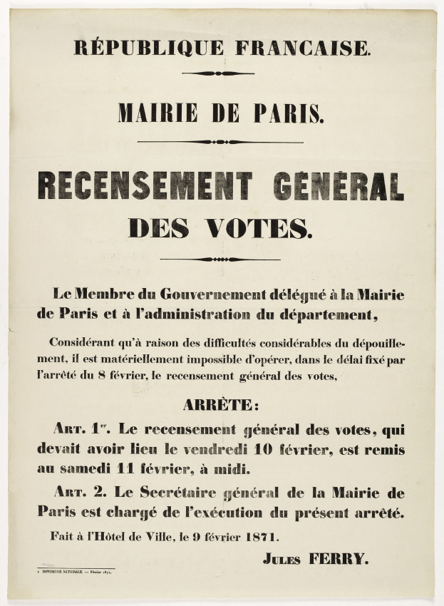 Altes französisches Plakat mit der Aufschrift "Recensement Général des Votes" im Zusammenhang mit einer allgemeinen Wahl.