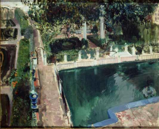 Ein Bild eines Schwimmbads in einem Park, umgeben von grünen Bäumen, Pflanzen und hohen Gebäuden im Hintergrund.