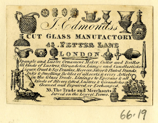 Anzeige für eine Glasfabrik in London, England, mit Text und Bildern von Glaswaren und verwandten Herstellungsgegenständen.